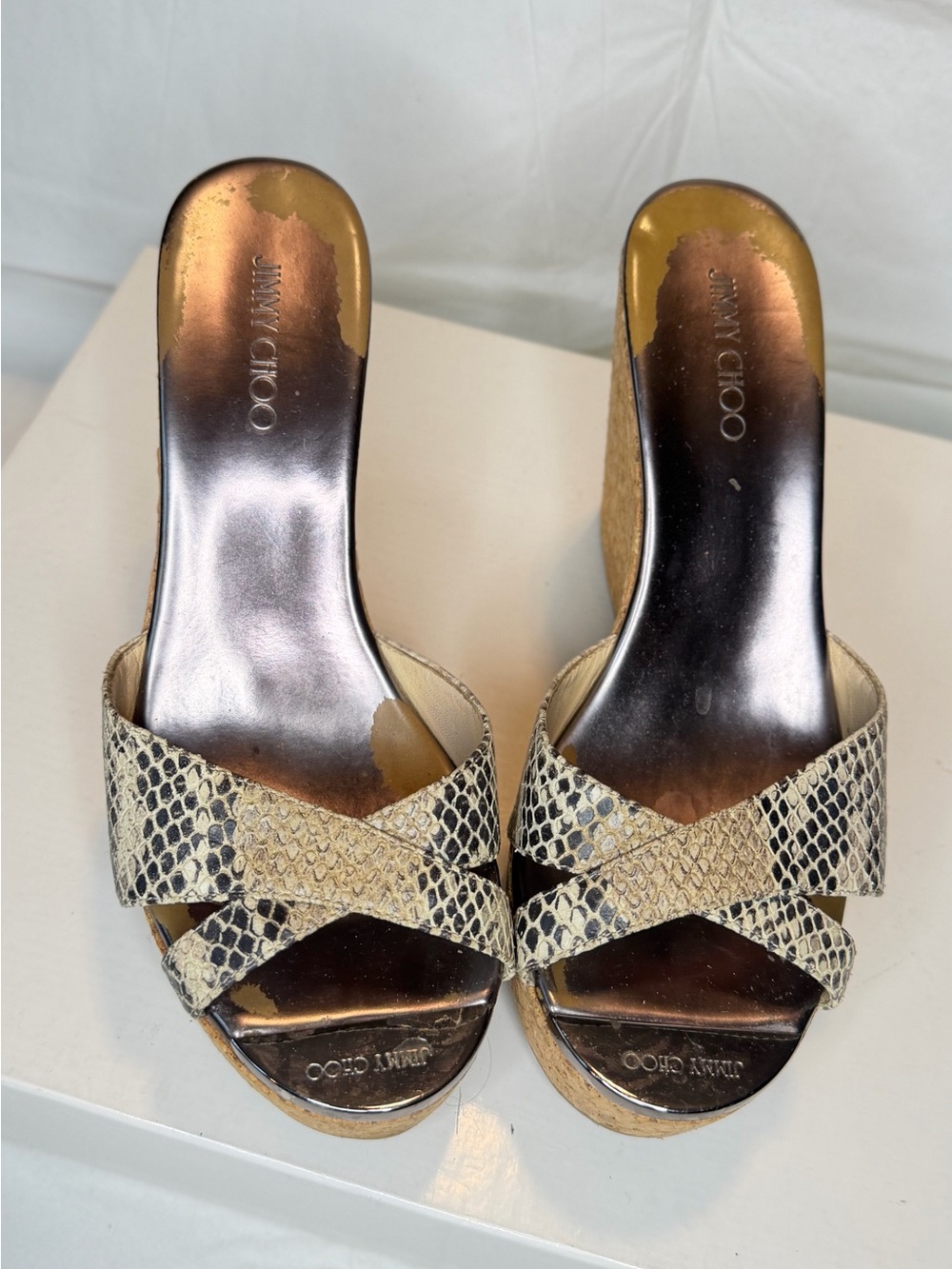 Jimmy Choo Snake-Print Cork Wedge Slide in Beige and Black